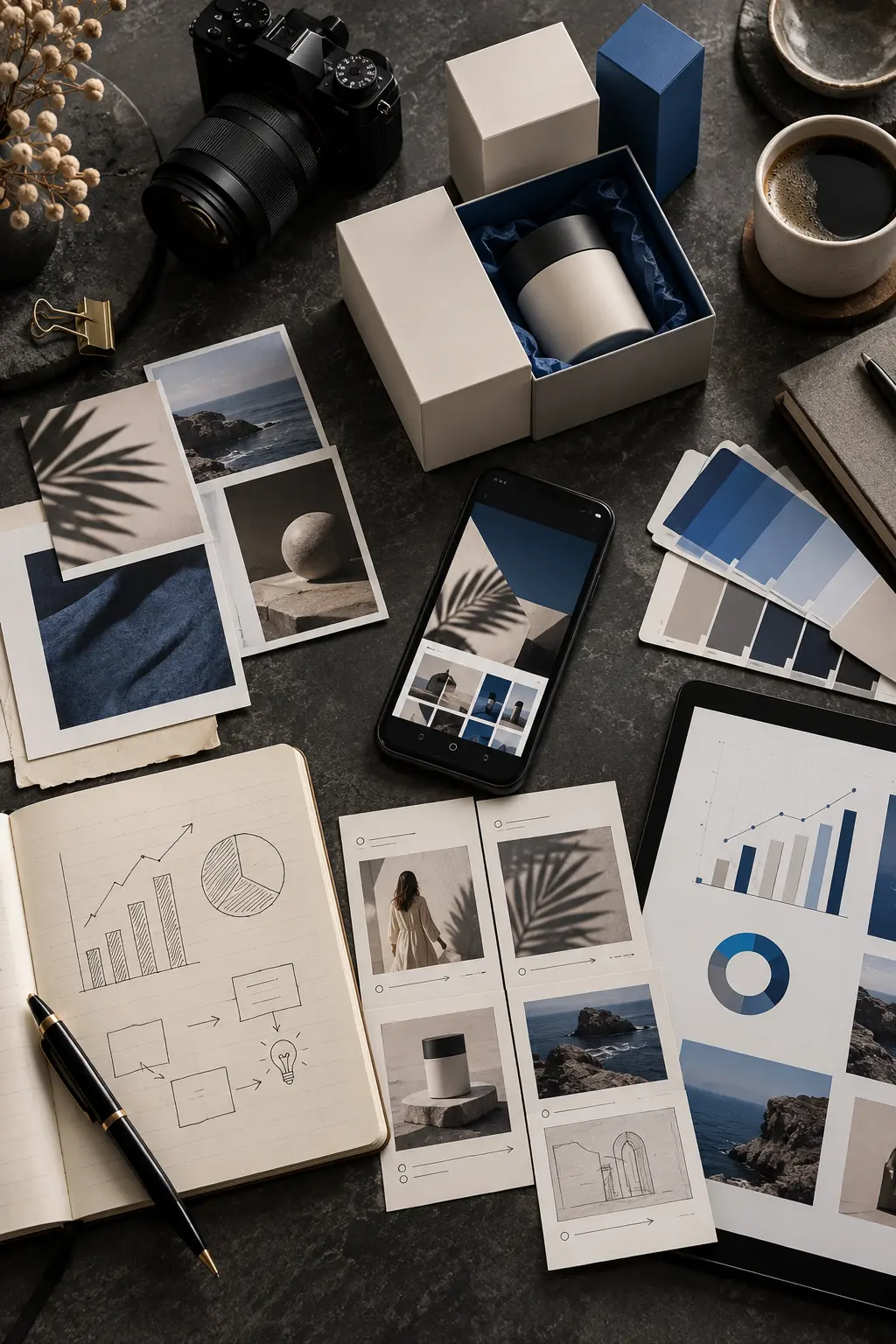 Campaign planning workspace with camera, product packaging and analytics