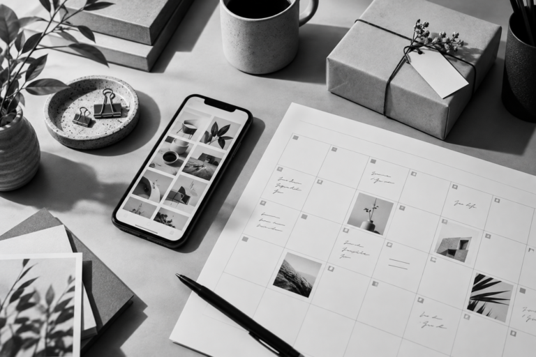 Black-and-white social media content calendar and smartphone for a small business marketing plan