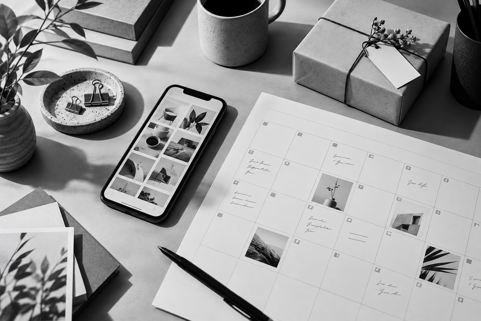 Black-and-white social media content calendar and smartphone for a small business marketing plan