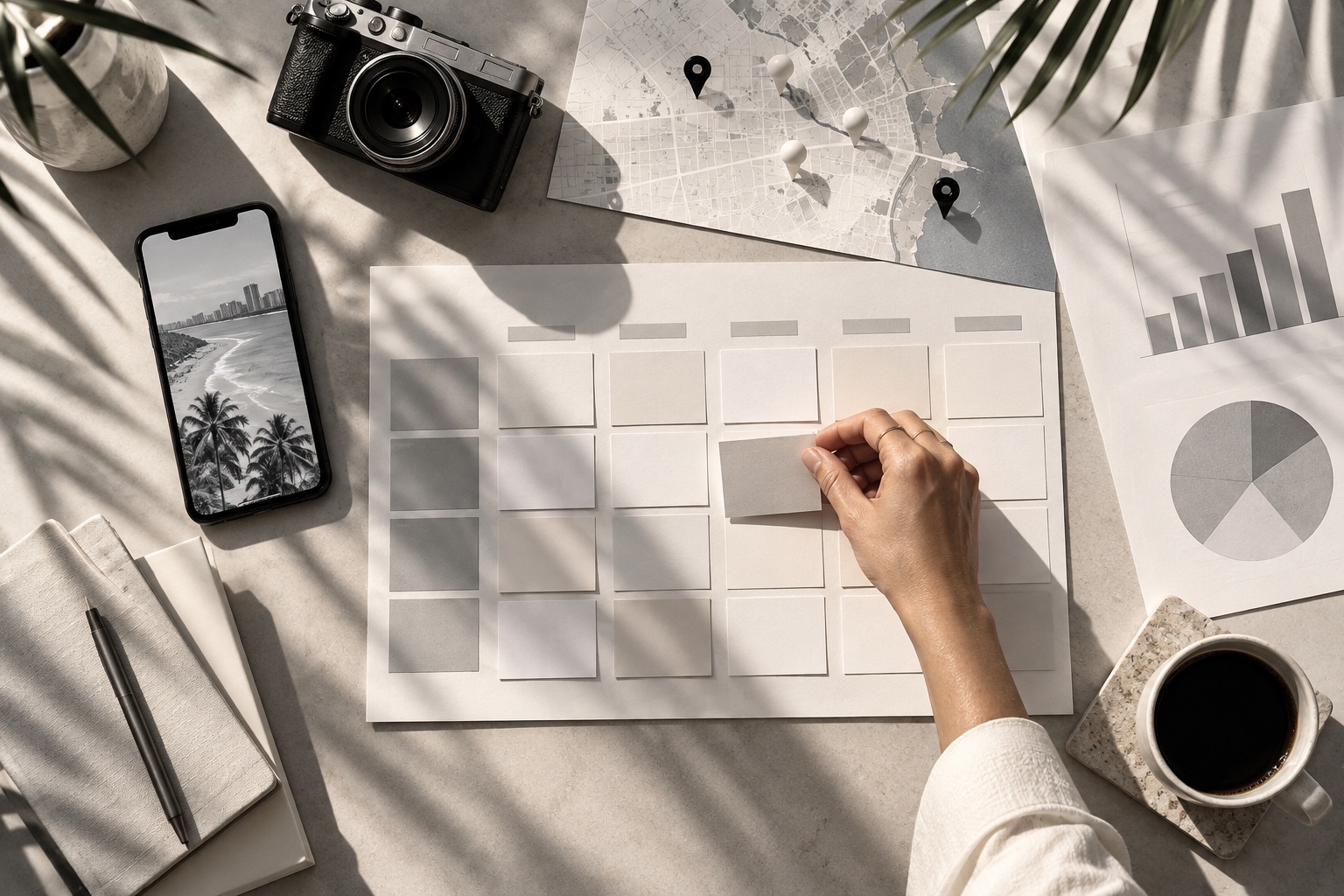 Top-down social media content planning workspace with a weekly grid, local map and analytics